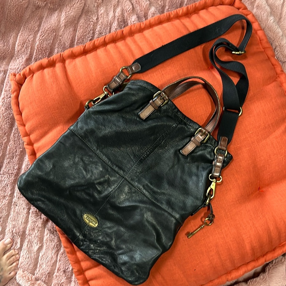 Black leather fossil purse brass zippers